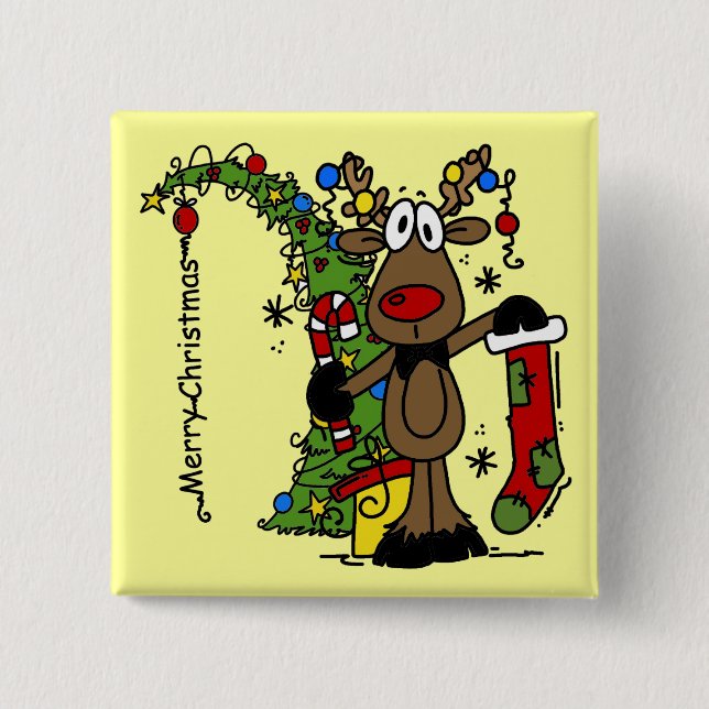 Merry Christmas Reindeer 2 Inch Square Button (Front)