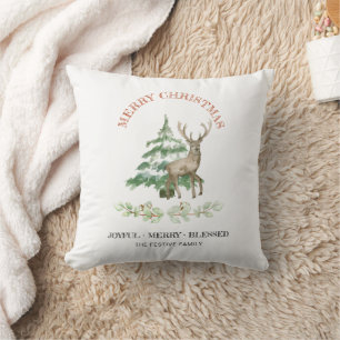 Merry Christmas Reindeer and Family Name Throw Pillow