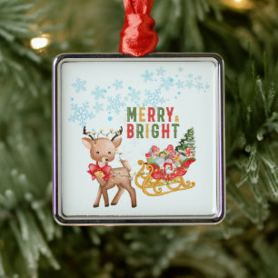 Merry Christmas Reindeer and Santa Sleigh  Metal Ornament