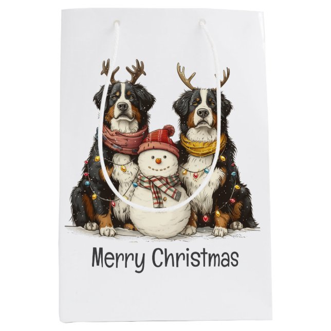 Merry Christmas Reindeer Bernese Mountain Dogs Medium Gift Bag (Front)