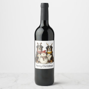 Merry Christmas Reindeer Bernese Mountain Dogs Wine Label