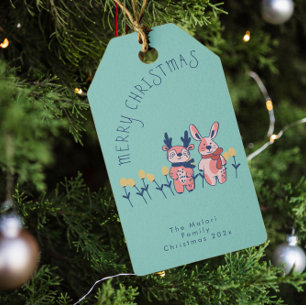 Merry Christmas – Reindeer & Bunny on Teal Gift Tags