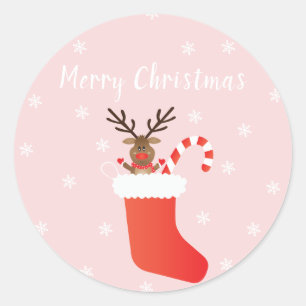 Merry Christmas Reindeer Candy Cane In A Stocking Classic Round Sticker