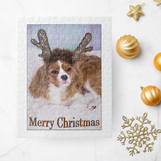 Merry Christmas Reindeer Cavalier King Charles Jigsaw Puzzle