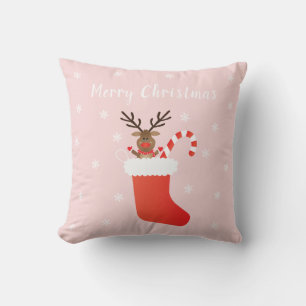 Merry Christmas Reindeer Christmas Stocking Red Throw Pillow