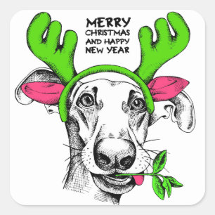 Merry Christmas Reindeer Dog Holidays Square Sticker
