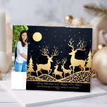 Merry Christmas Reindeer Family Photo Holiday Card<br><div class="desc">Enjoy sending out a beautiful family of reindeers standing on hills in the forest looking at the sky with stars and moon. Photo template on back and greeting text templates on front. Black background.</div>