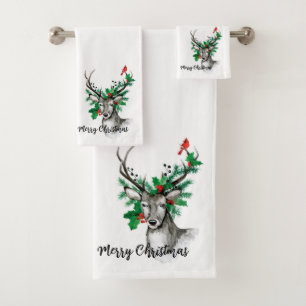 Merry Christmas Reindeer Foliage and Cardinal Bath Towel Set