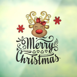 Merry Christmas reindeer glitter red nose Window Cling