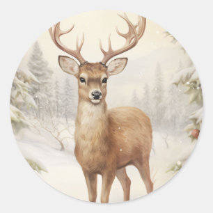 Merry Christmas Reindeer in a Snowy Forest Classic Round Sticker
