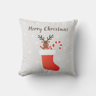 Merry Christmas Reindeer In A Stocking Red White Throw Pillow