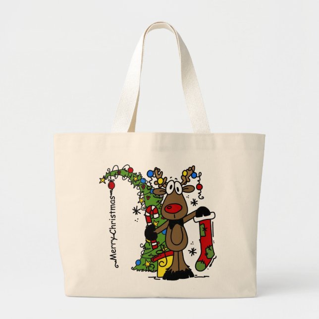 Merry Christmas Reindeer Large Tote Bag (Front)