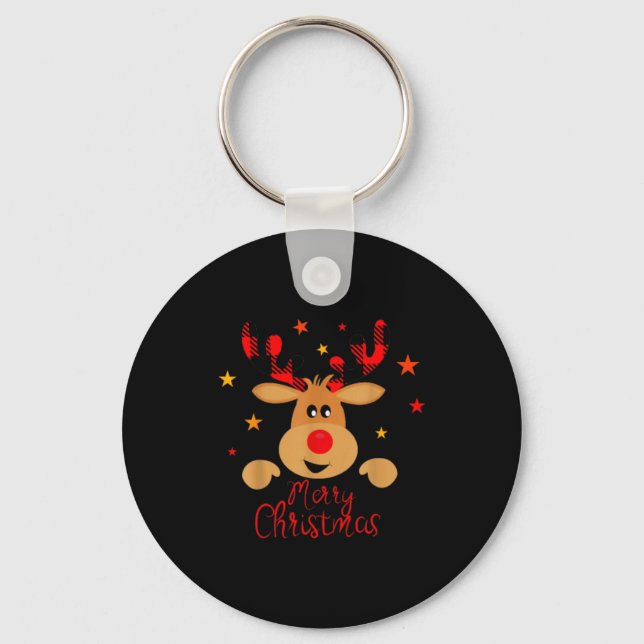 Merry Christmas Reindeer Men Women Kids Matching R Keychain (Front)