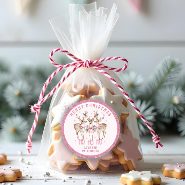 Merry Christmas Reindeer Personalized Name Classic Round Sticker (Creator Uploaded)