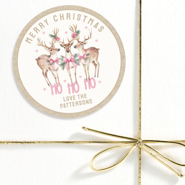 Merry Christmas Reindeer Personalized Name Classic Round Sticker (Creator Uploaded)