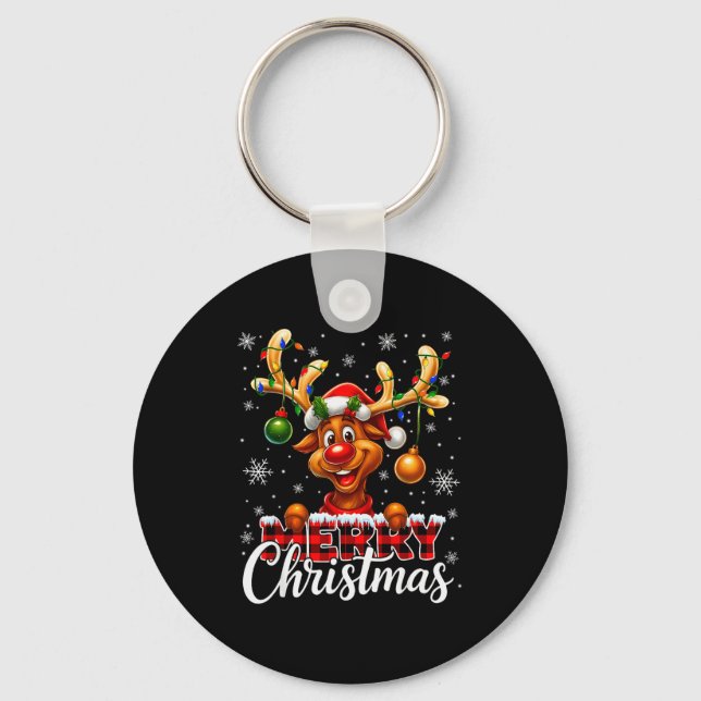 Merry Christmas Reindeer Plaid Pajamas Xmas Shirts Keychain (Front)