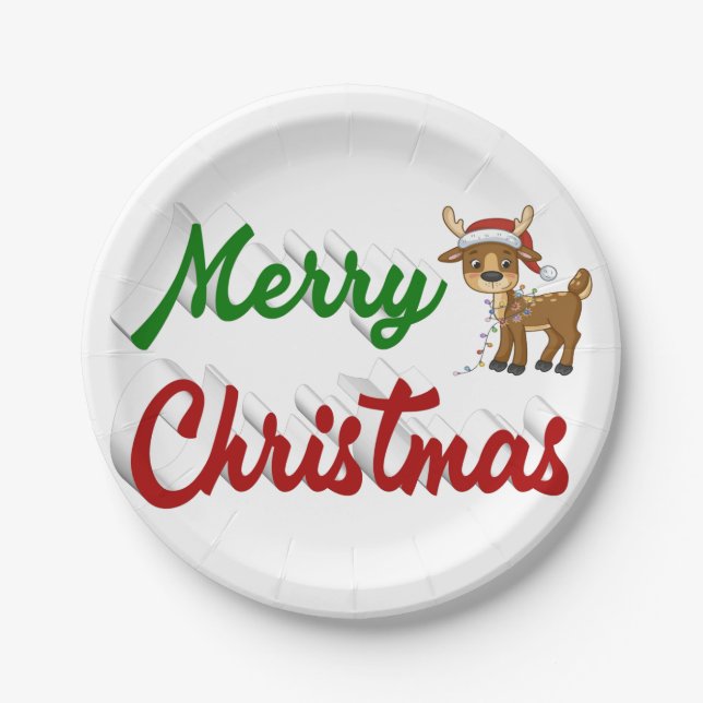 Merry Christmas Reindeer red green script  Paper Plate (Front)