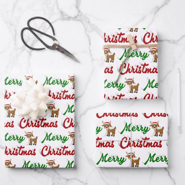 Merry Christmas Reindeer red green script Wrapping Paper Sheet (Front)