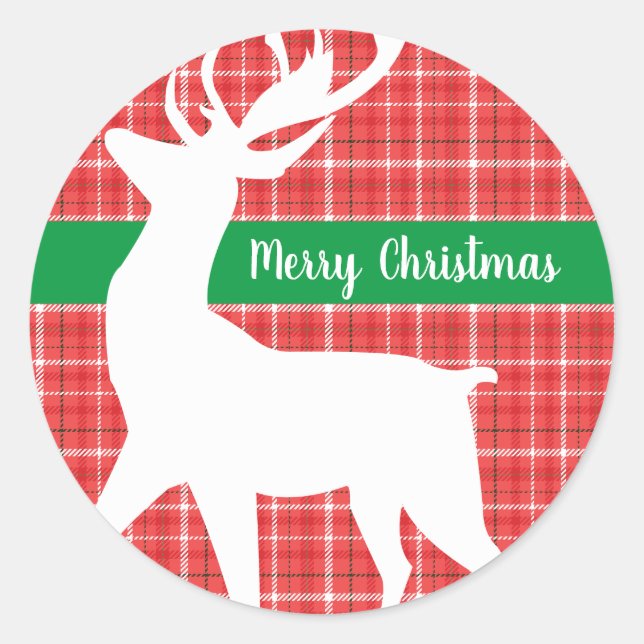 Merry Christmas Reindeer Red Plaid Twill Classic Round Sticker (Front)