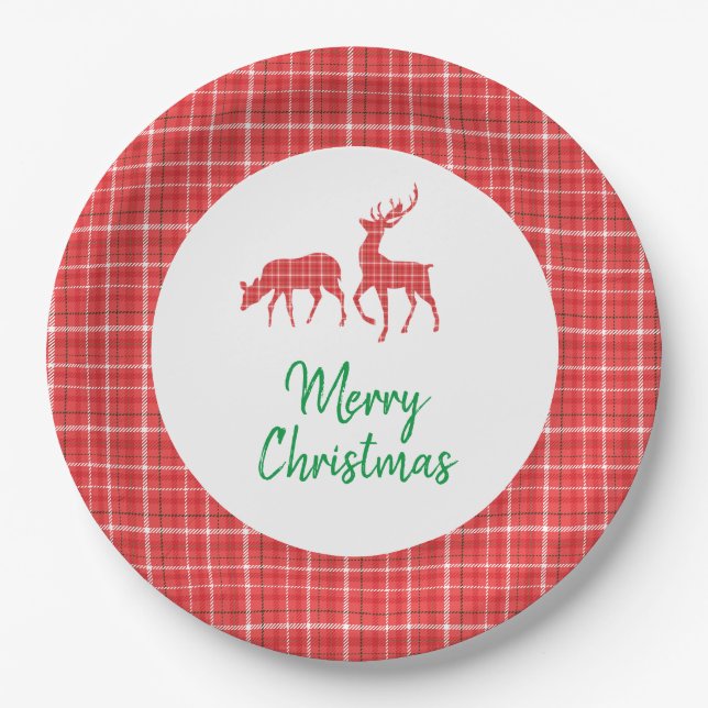 Merry Christmas Reindeer Red White Twill Plaid Paper Plate (Front)