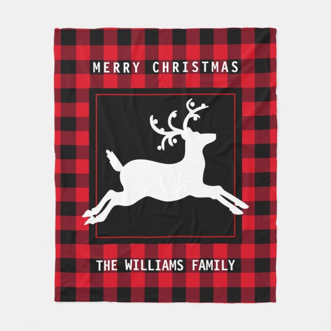Merry Christmas Reindeer Rustic Red Buffalo Check Fleece Blanket (Front)