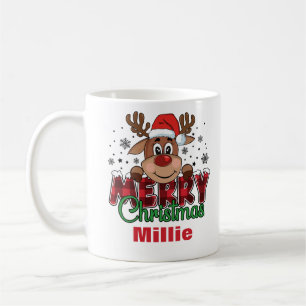 Merry Christmas Reindeer Santa Hat Custom Name Coffee Mug