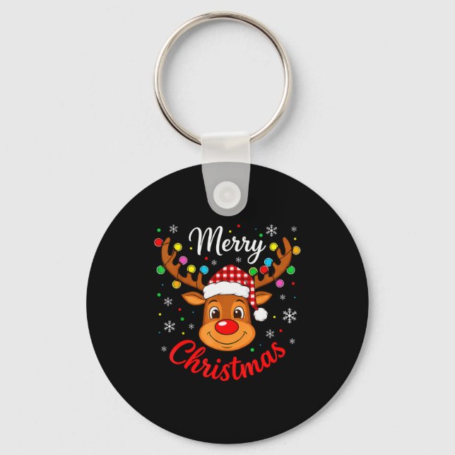 Merry Christmas Reindeer Santa Hat Holiday Matchin Keychain (Front)