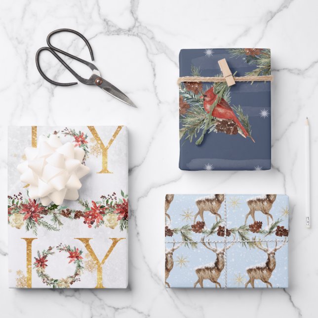 Merry Christmas Reindeer Snow Poinsettia Joy Gold Wrapping Paper Sheet (Front)
