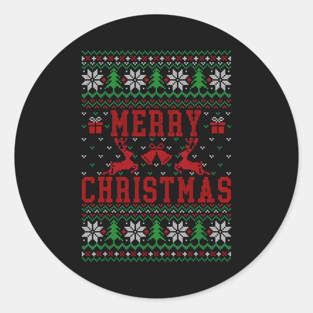 Merry Christmas Reindeer Snowflake Ugly Christmas  Classic Round Sticker (Front)
