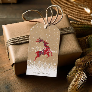 Merry Christmas Reindeer Tartan Red/Kraft ID590 Gift Tags