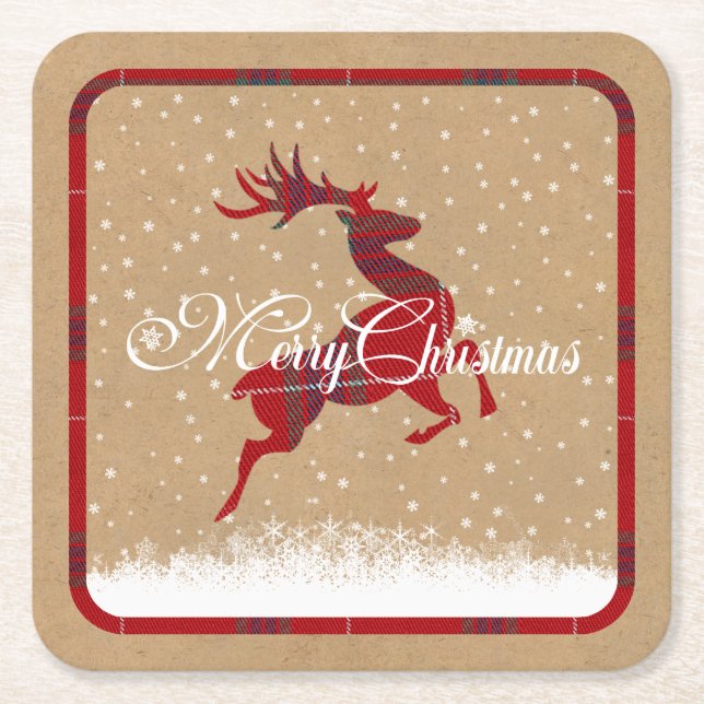 Merry Christmas Reindeer Tartan Red/Kraft ID590 Square Paper Coaster (Front)