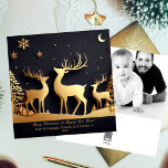 Merry Christmas Reindeer Trio Photo Holiday Card<br><div class="desc">Enjoy sending out a beautiful trio of reindeers standing on hills in the forest looking at the sky with snowflakes and moon.  Photo template on back and greeting text templates on front.  Black background.</div>