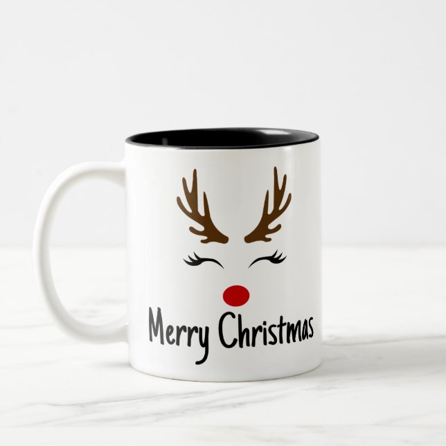 Merry Christmas Reindeer Two-Tone Coffee Mug (Left)