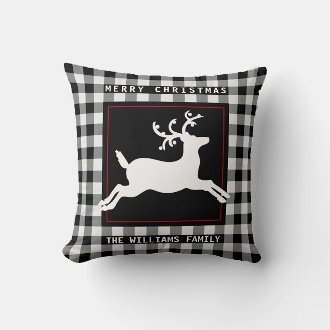 Merry Christmas Reindeer White Black Buffalo Check Throw Pillow (Front)