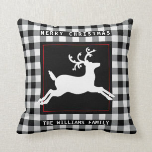 Merry Christmas Reindeer White Black Buffalo Check Throw Pillow