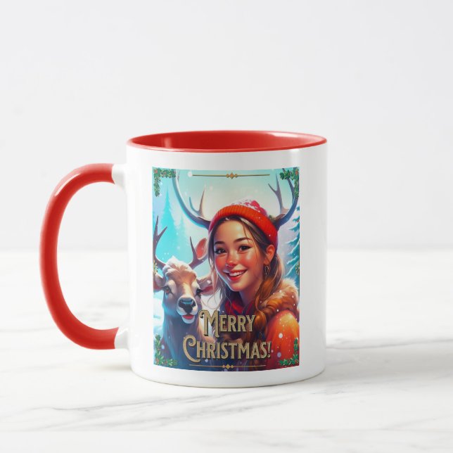 MERRY CHRISTMAS REINDEER WITH HAPPY GIRL MUG (Left)