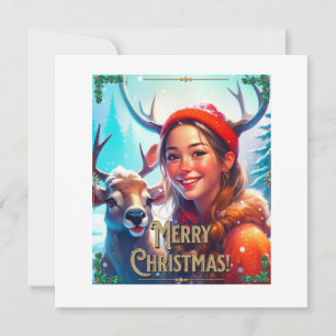 MERRY CHRISTMAS REINDEER WITH HAPPY GIRL THANK YOU CARD