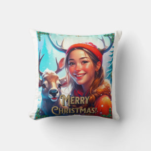 MERRY CHRISTMAS REINDEER WITH HAPPY GIRL THROW PILLOW
