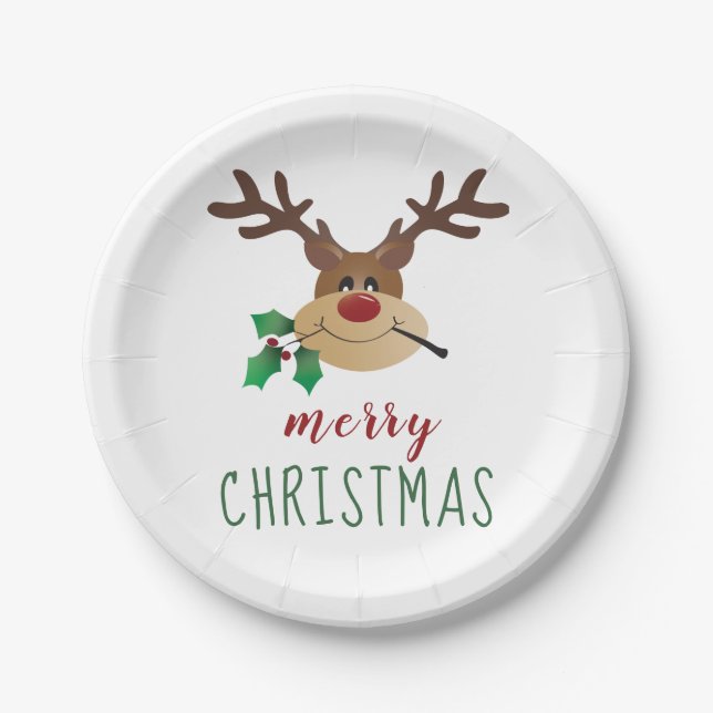 Merry Christmas Reindeer With Mistletoe Paper Plate (Front)