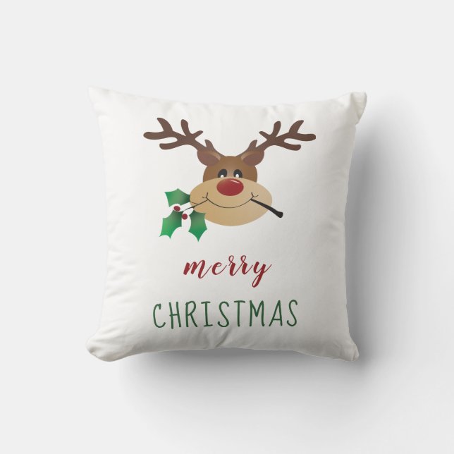 Merry Christmas Reindeer With Mistletoe Throw Pillow (Front)