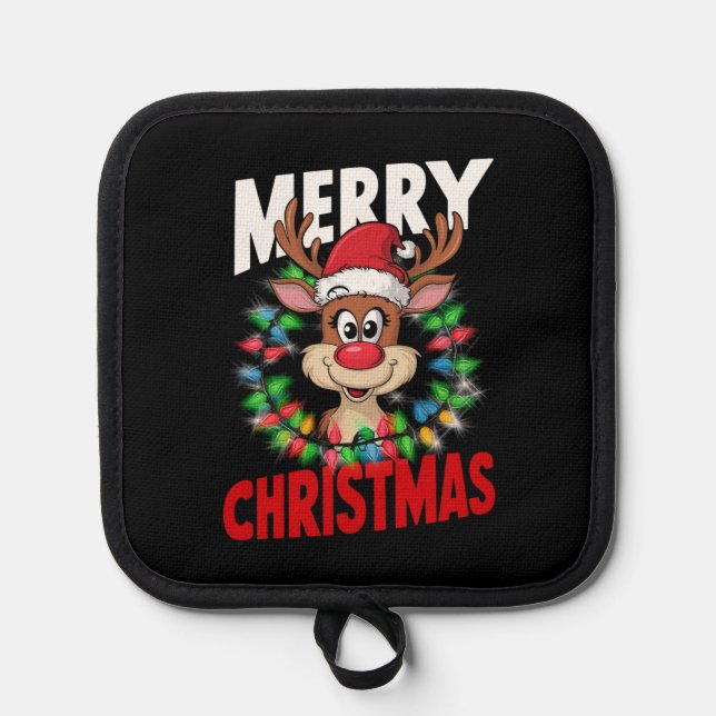 Merry Christmas Reindeer Xmas Holiday Pot Holder (Front)