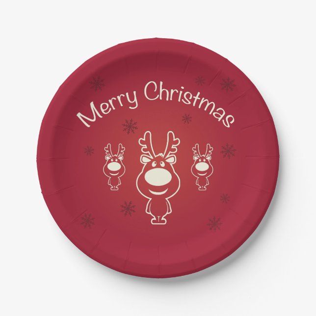 Merry Christmas Reindeers Paper Plate (Front)