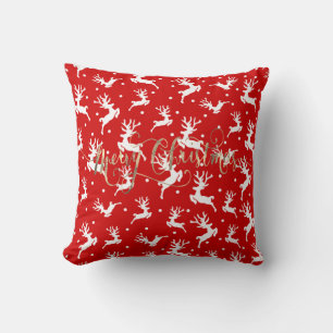 Merry Christmas Reindeers Red Throw Pillow