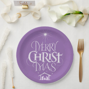 Merry Christmas Religious Calligraphy Chalk Purple Paper Plate