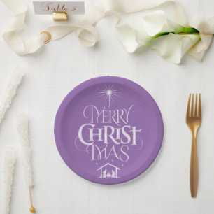 Merry Christmas Religious Calligraphy Chalk Purple Paper Plate