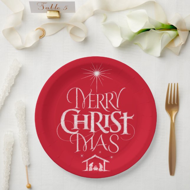 Merry Christmas Religious Calligraphy Chalk Red Paper Plate (Wedding)