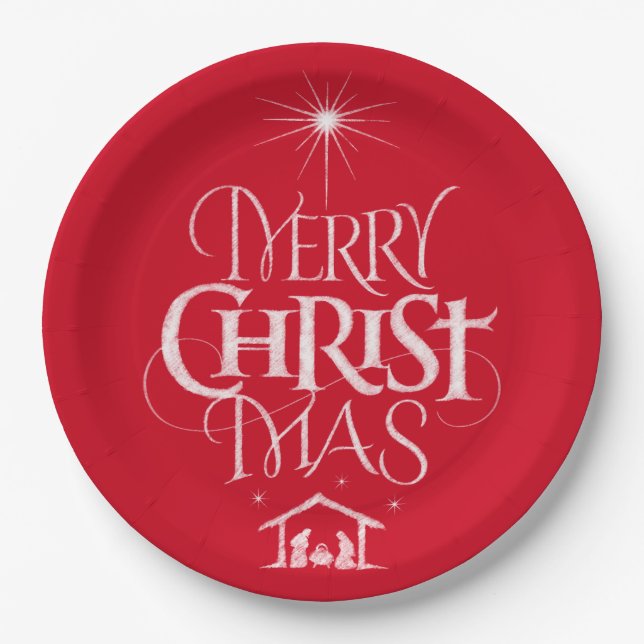 Merry Christmas Religious Calligraphy Chalk Red Paper Plate (Front)