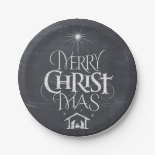 Merry Christmas Religious Calligraphy Chalkboard Paper Plate