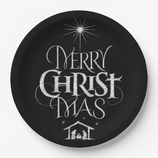 Merry Christmas Religious Calligraphy Chalkboard Paper Plate (Front)