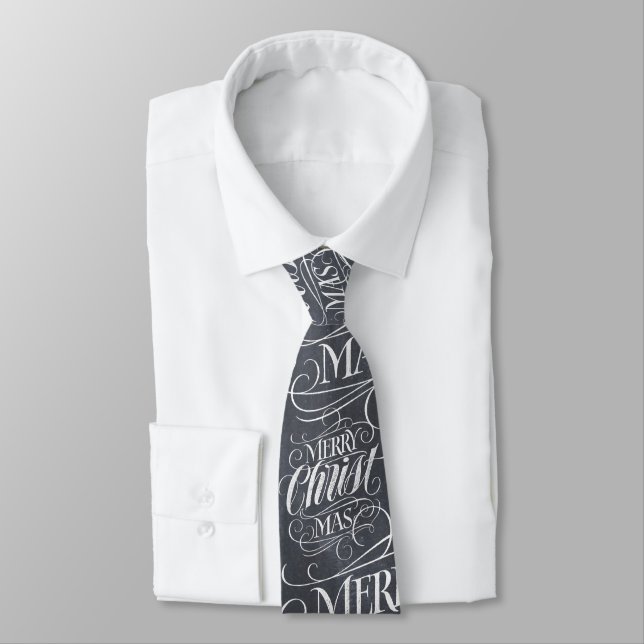 Merry Christmas Religious Calligraphy Chalkboard Tie (Tied)